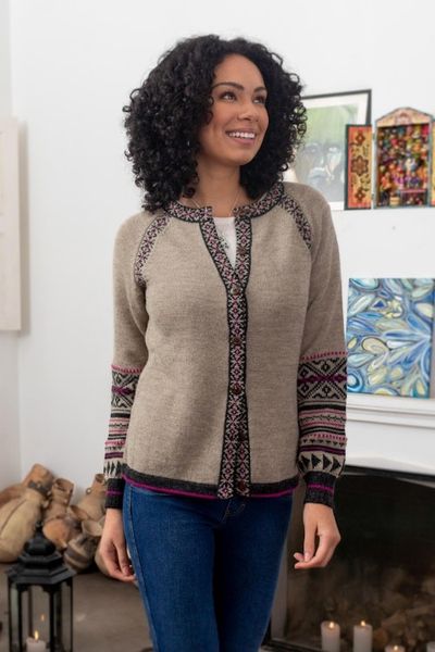 Alternate image for 100 Alpaca Cardigan Sweater with Geometric Patterns Tribal Taupe