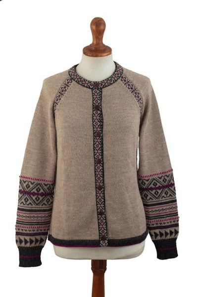 Alternate image for 100 Alpaca Cardigan Sweater with Geometric Patterns Tribal Taupe
