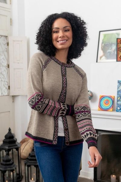 Alternate image for 100 Alpaca Cardigan Sweater with Geometric Patterns Tribal Taupe
