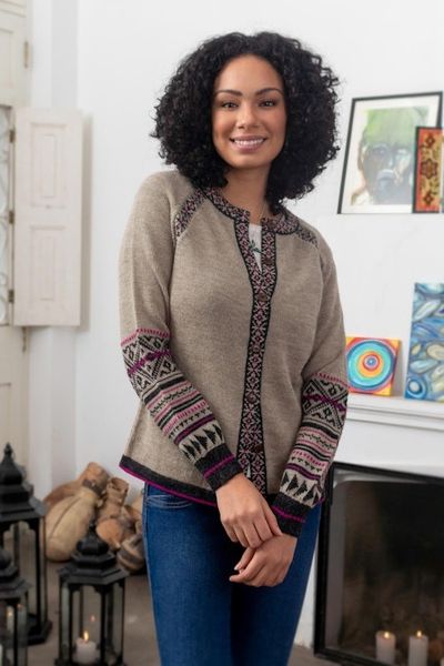 Alternate image for 100 Alpaca Cardigan Sweater with Geometric Patterns Tribal Taupe