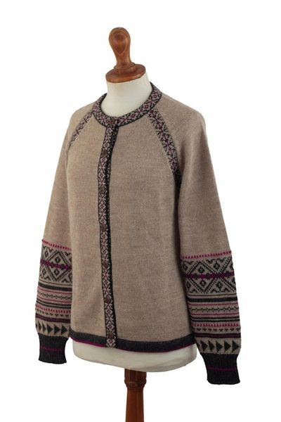 Alternate image for 100 Alpaca Cardigan Sweater with Geometric Patterns Tribal Taupe