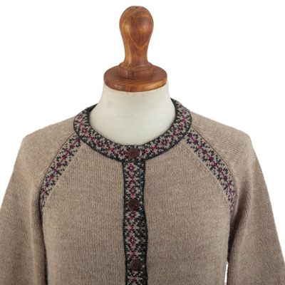Alternate image for 100 Alpaca Cardigan Sweater with Geometric Patterns Tribal Taupe
