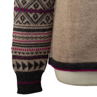 Alternate image for 100 Alpaca Cardigan Sweater with Geometric Patterns Tribal Taupe