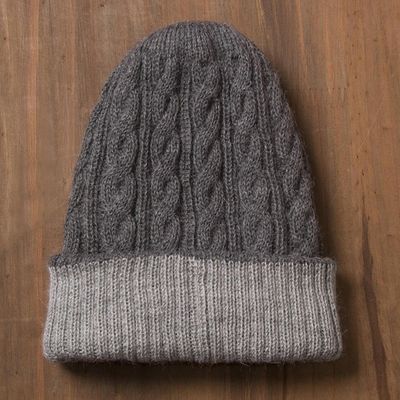 Alternate image for Light and Dark Grey Reversible 100 Alpaca Hat from Peru Warm and Toasty