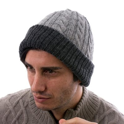 Alternate image for Light and Dark Grey Reversible 100 Alpaca Hat from Peru Warm and Toasty