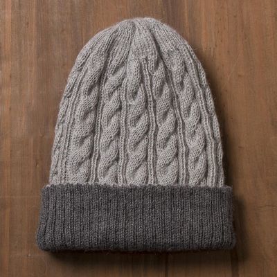 Alternate image for Light and Dark Grey Reversible 100 Alpaca Hat from Peru Warm and Toasty