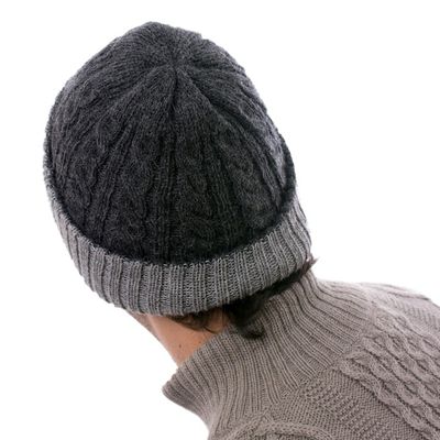 Alternate image for Light and Dark Grey Reversible 100 Alpaca Hat from Peru Warm and Toasty
