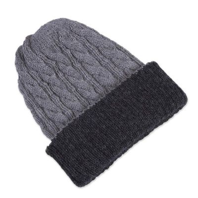 Alternate image for Light and Dark Grey Reversible 100 Alpaca Hat from Peru Warm and Toasty