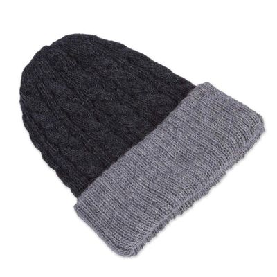 Alternate image for Light and Dark Grey Reversible 100 Alpaca Hat from Peru Warm and Toasty
