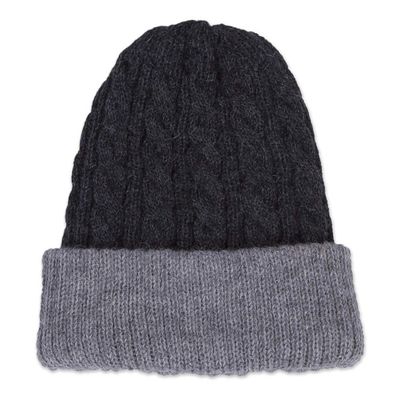 Alternate image for Light and Dark Grey Reversible 100 Alpaca Hat from Peru Warm and Toasty