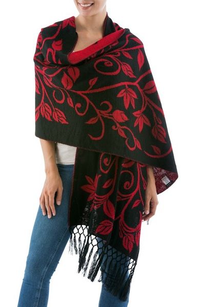 Alternate image for Reversible Red and Black Alpaca Blend Shawl Scarlet Leaves