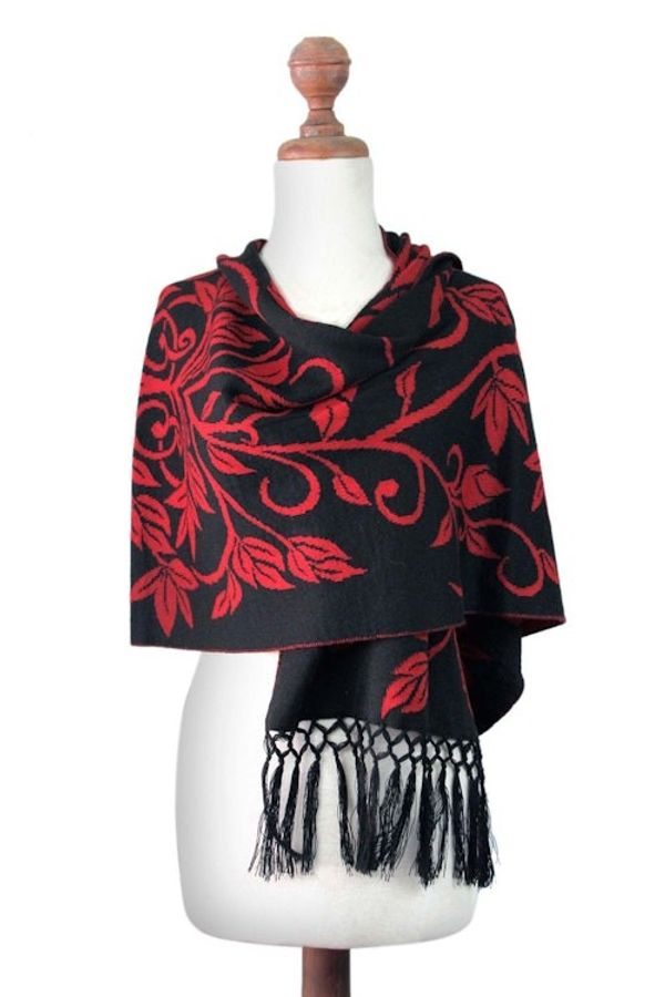 Alternate image for Reversible Red and Black Alpaca Blend Shawl Scarlet Leaves