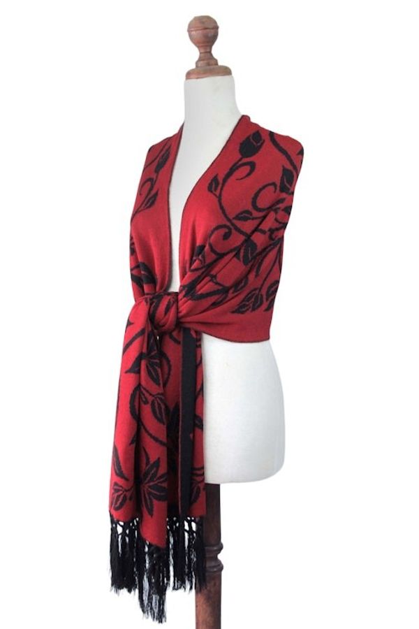 Alternate image for Reversible Red and Black Alpaca Blend Shawl Scarlet Leaves