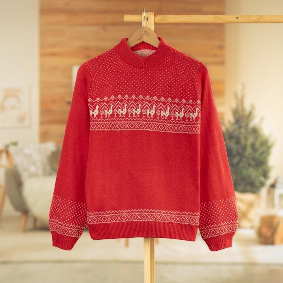 Christimas and Andean-Themed Red Knit Sweater from Peru 'Christmas Llamas'