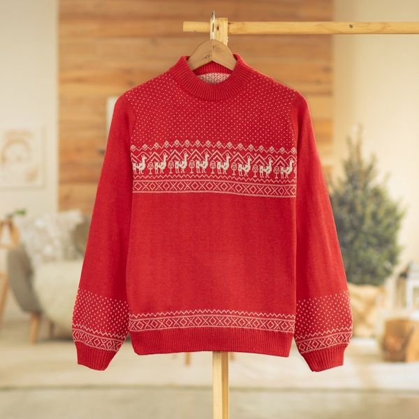 Alternate image for Christimas and Andean-Themed Red Knit Sweater from Peru Christmas Llamas