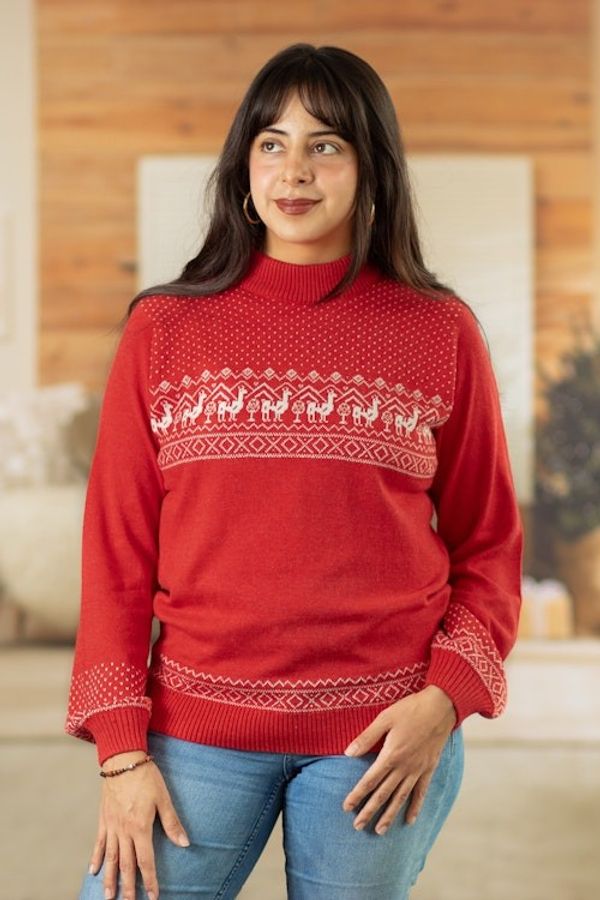 Alternate image for Christimas and Andean-Themed Red Knit Sweater from Peru Christmas Llamas