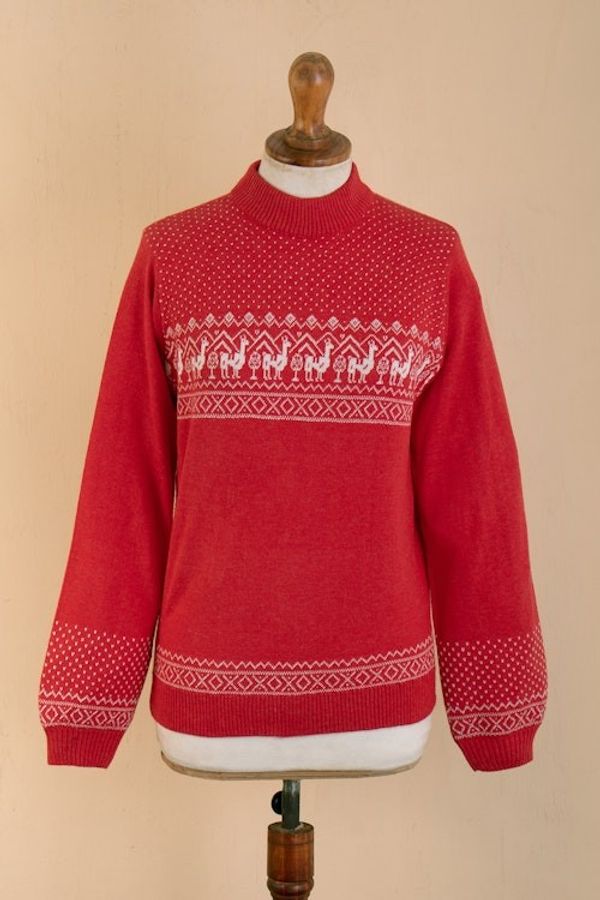 Alternate image for Christimas and Andean-Themed Red Knit Sweater from Peru Christmas Llamas