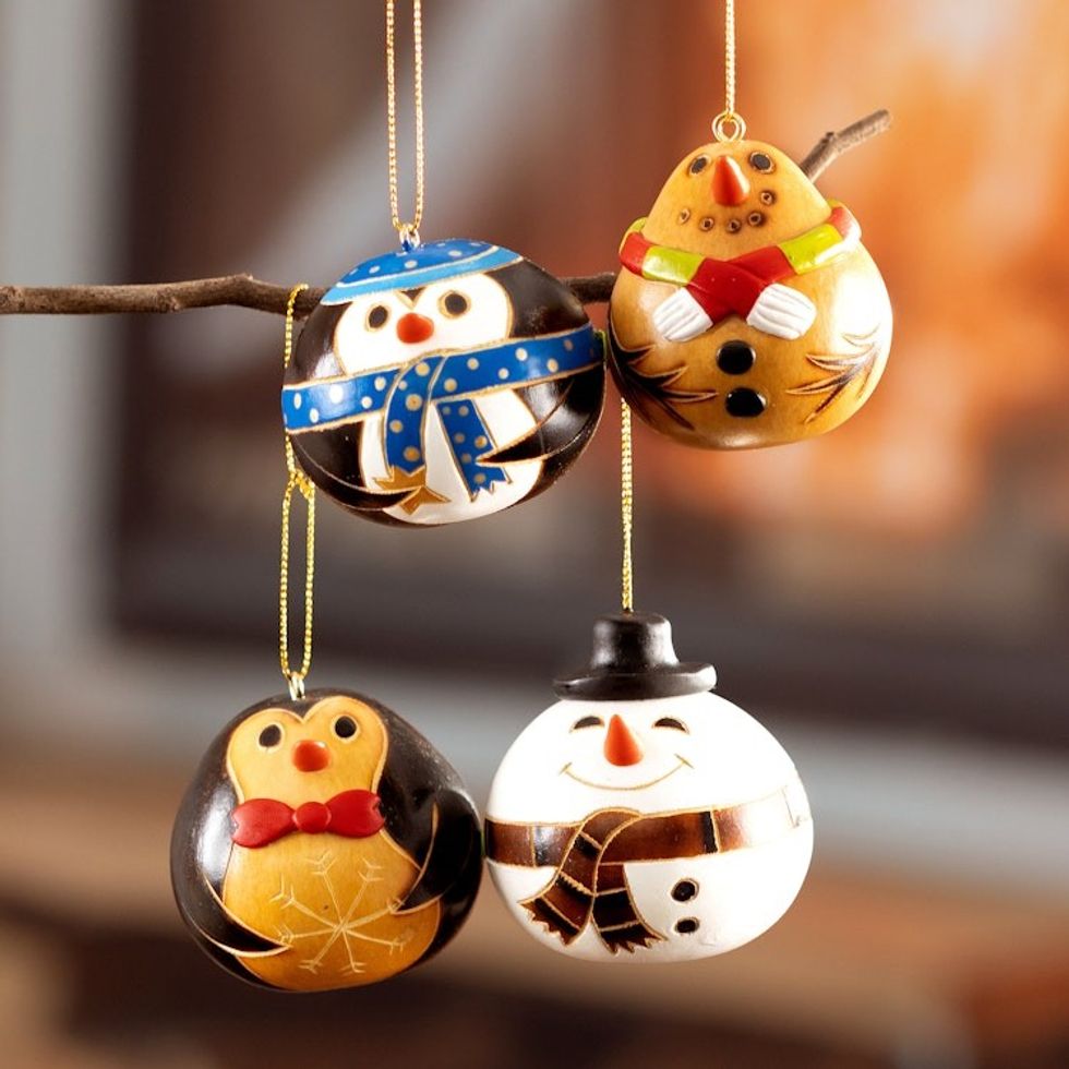 Set of 4 Dried Gourd Holiday Ornaments Handmade in Peru 'Holiday Friends'