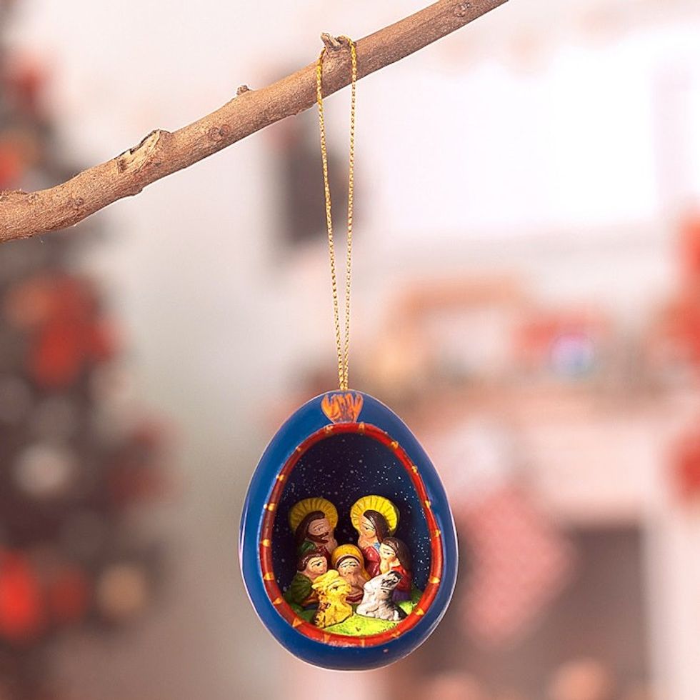 Ceramic Nativity Christmas Ornament Hand-Painted in Peru 'Blue Nativity Egg'