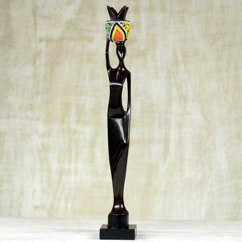 Handmade Ghanaian Ebony Wood and Recycled Glass Sculpture 'Akatua'