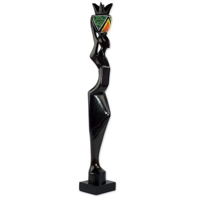 Alternate image for Handmade Ghanaian Ebony Wood and Recycled Glass Sculpture Akatua