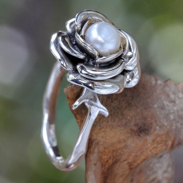 Alternate image for Hand Crafted Sterling Silver and Pearl Flower Ring White Rose
