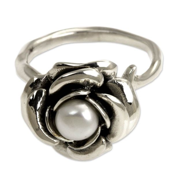 Alternate image for Hand Crafted Sterling Silver and Pearl Flower Ring White Rose