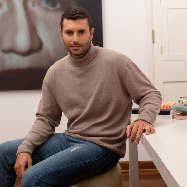 Alternate image for Eco Friendly Jersey Knit Mens Turtleneck Pullover Sweater Jersey Bisque