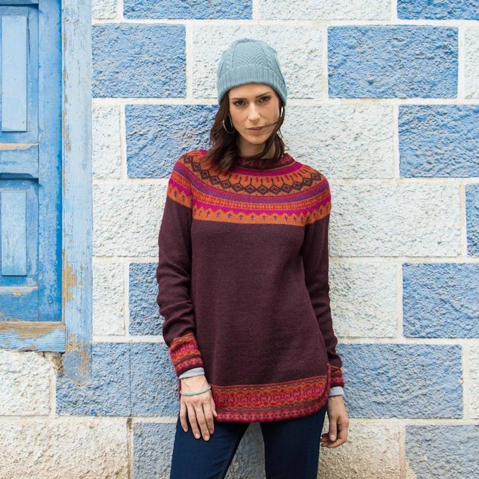 Women's Art Knit Alpaca Pullover Sweater from Peru 'Playful Plum'