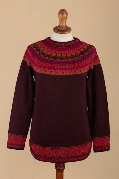 Alternate image for Womens Art Knit Alpaca Pullover Sweater from Peru Playful Plum