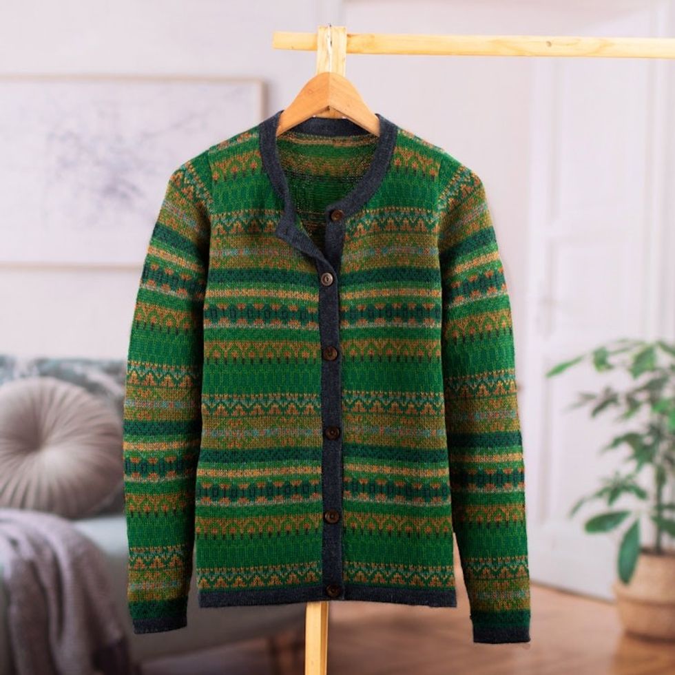 Striped Inca-Patterned Green 100 Alpaca Cardigan Sweater 'Inca's Green Geometry'