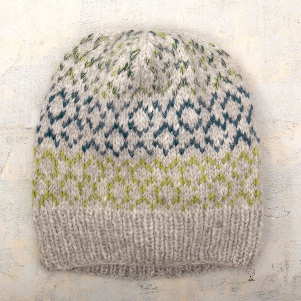 Unisex Knit Baby Alpaca Blend Hat in Grey Yellow and Blue 'Intarsia Style'