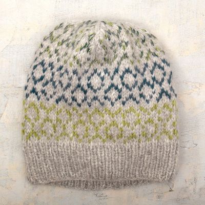 Alternate image for Unisex Knit Baby Alpaca Blend Hat in Grey Yellow and Blue Intarsia Style