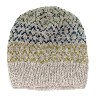 Alternate image for Unisex Knit Baby Alpaca Blend Hat in Grey Yellow and Blue Intarsia Style