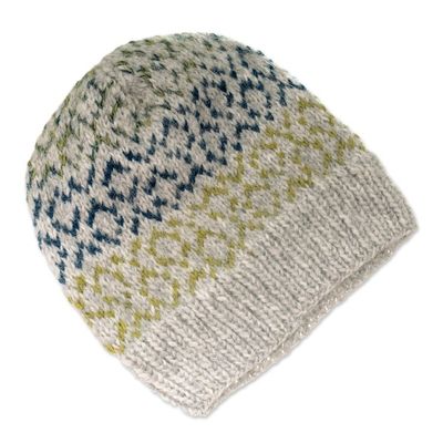 Alternate image for Unisex Knit Baby Alpaca Blend Hat in Grey Yellow and Blue Intarsia Style