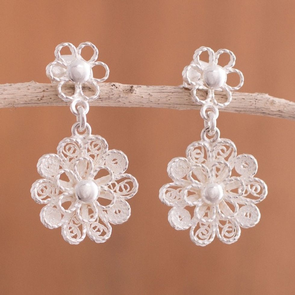 Handcrafted Sterling Silver Filigree Flowers Dangle Earrings 'Exquisite Blossom'
