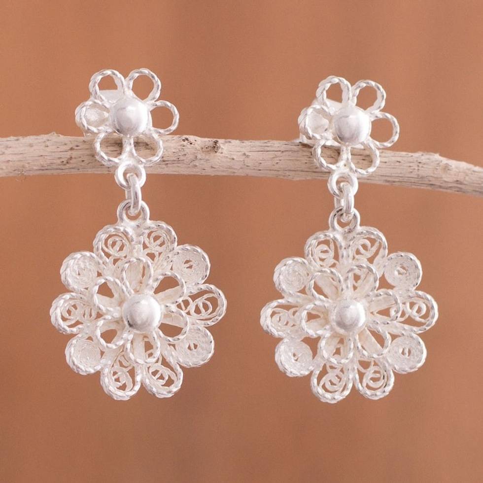Handcrafted Sterling Silver Filigree Flowers Dangle Earrings 'Exquisite Blossom'