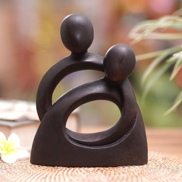Alternate image for Hand-Carved Romantic Suar Wood Sculpture of Couple Hugging Endless Embrace