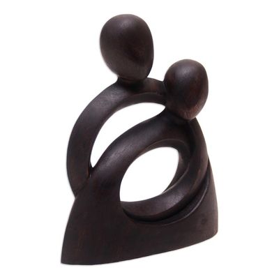Alternate image for Hand-Carved Romantic Suar Wood Sculpture of Couple Hugging Endless Embrace
