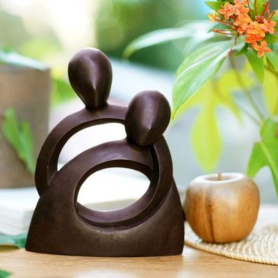 Alternate image for Hand-Carved Romantic Suar Wood Sculpture of Couple Hugging Endless Embrace