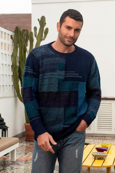 Alternate image for Casual Blue Mens Pullover Sweater in 100 Alpaca Wool Blue Building Blocks