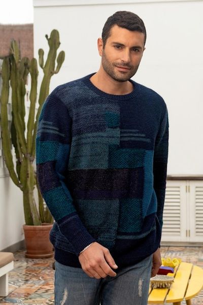 Alternate image for Casual Blue Mens Pullover Sweater in 100 Alpaca Wool Blue Building Blocks