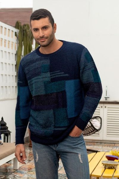 Alternate image for Casual Blue Mens Pullover Sweater in 100 Alpaca Wool Blue Building Blocks