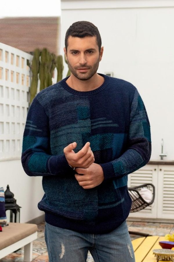 Alternate image for Casual Blue Mens Pullover Sweater in 100 Alpaca Wool Blue Building Blocks