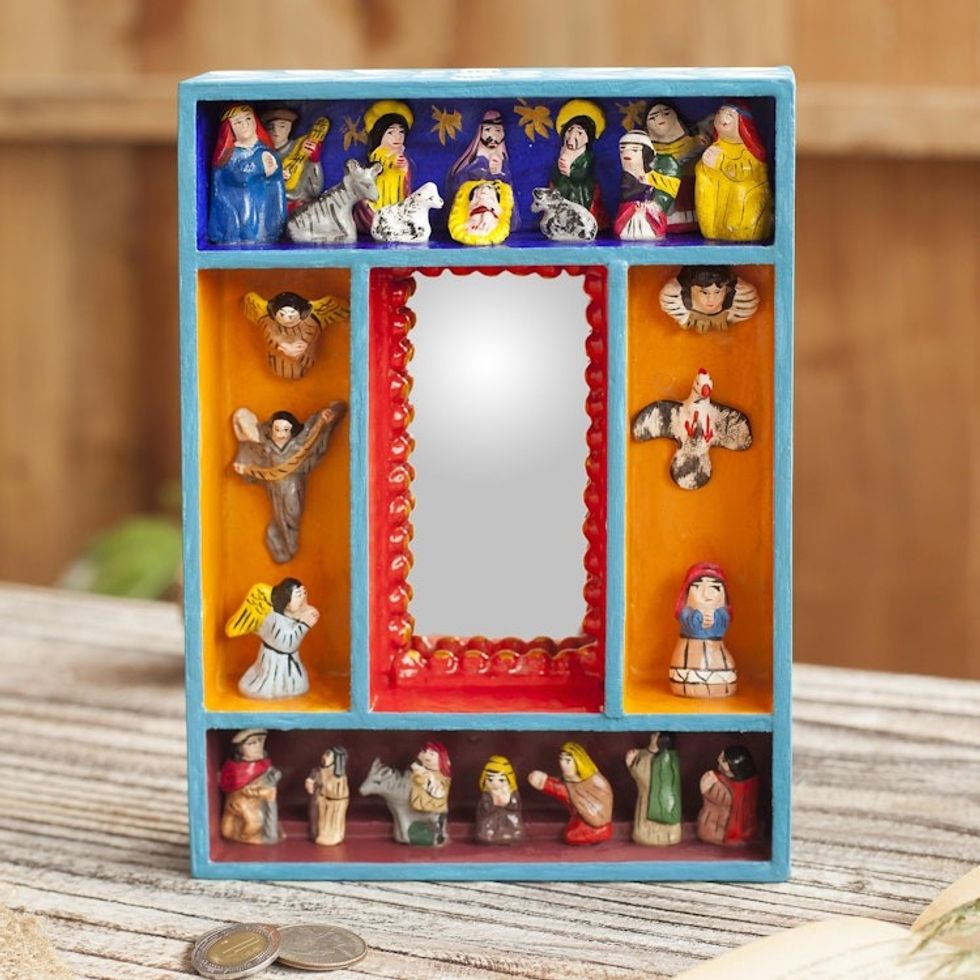 Nativity-Themed Wood and Ceramic Wall Mirror from Peru 'Nativity Reflection'