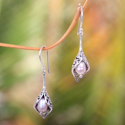 Alternate image for Balinese Cultured Pearl Earrings Crafted of Sterling Silver White Calla Lily