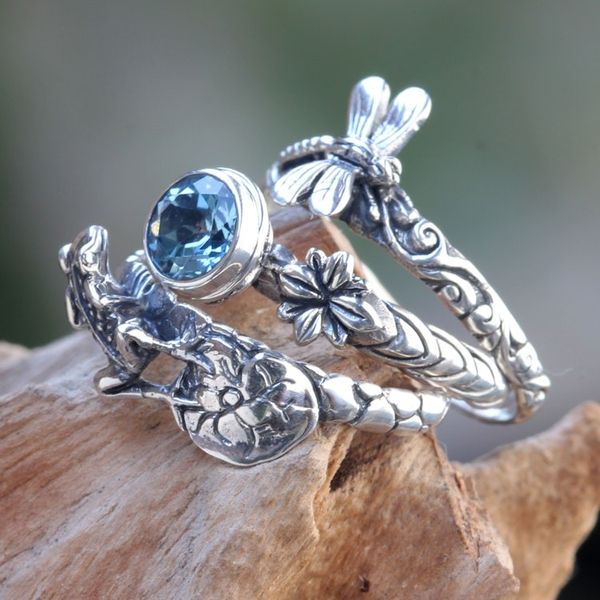 Alternate image for Dragonfly and Frog on Silver Blue Topaz Stacking Rings 3 Garden of Eden