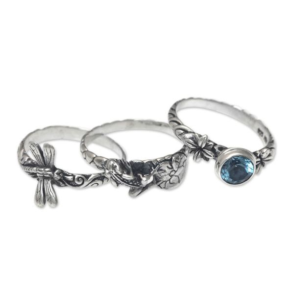 Alternate image for Dragonfly and Frog on Silver Blue Topaz Stacking Rings 3 Garden of Eden
