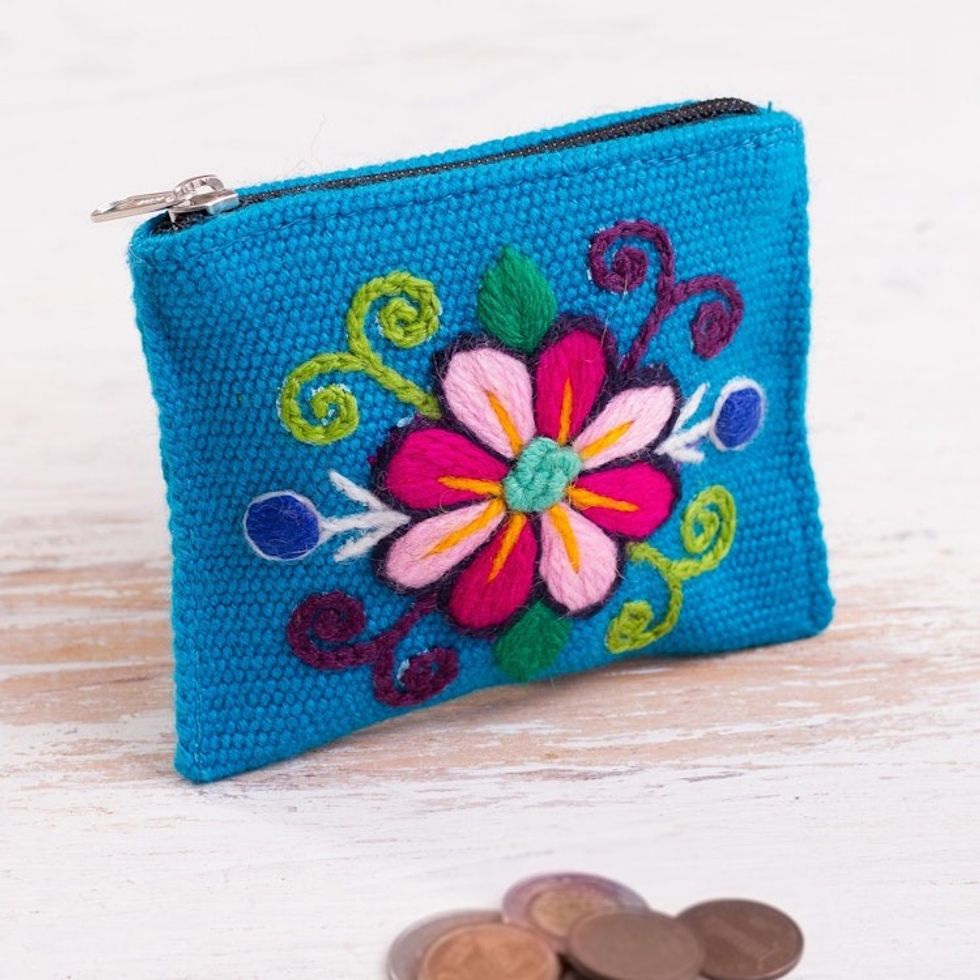 Embroidered Floral Turquoise Coin Purse 'Floral Keeper in Turquoise'