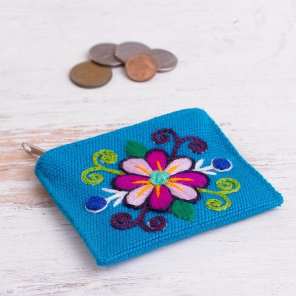Alternate image for Embroidered Floral Turquoise Coin Purse Floral Keeper in Turquoise